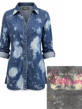 Woolrich Upcycled Hand-Painted Denim Tunic Top Bleached Cotton Blend Large